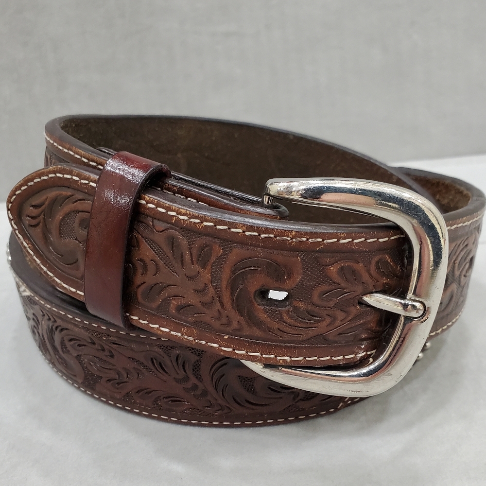 3D Handtooled belt size 32 brown leather jewels and studs snap on buckle FLAWED